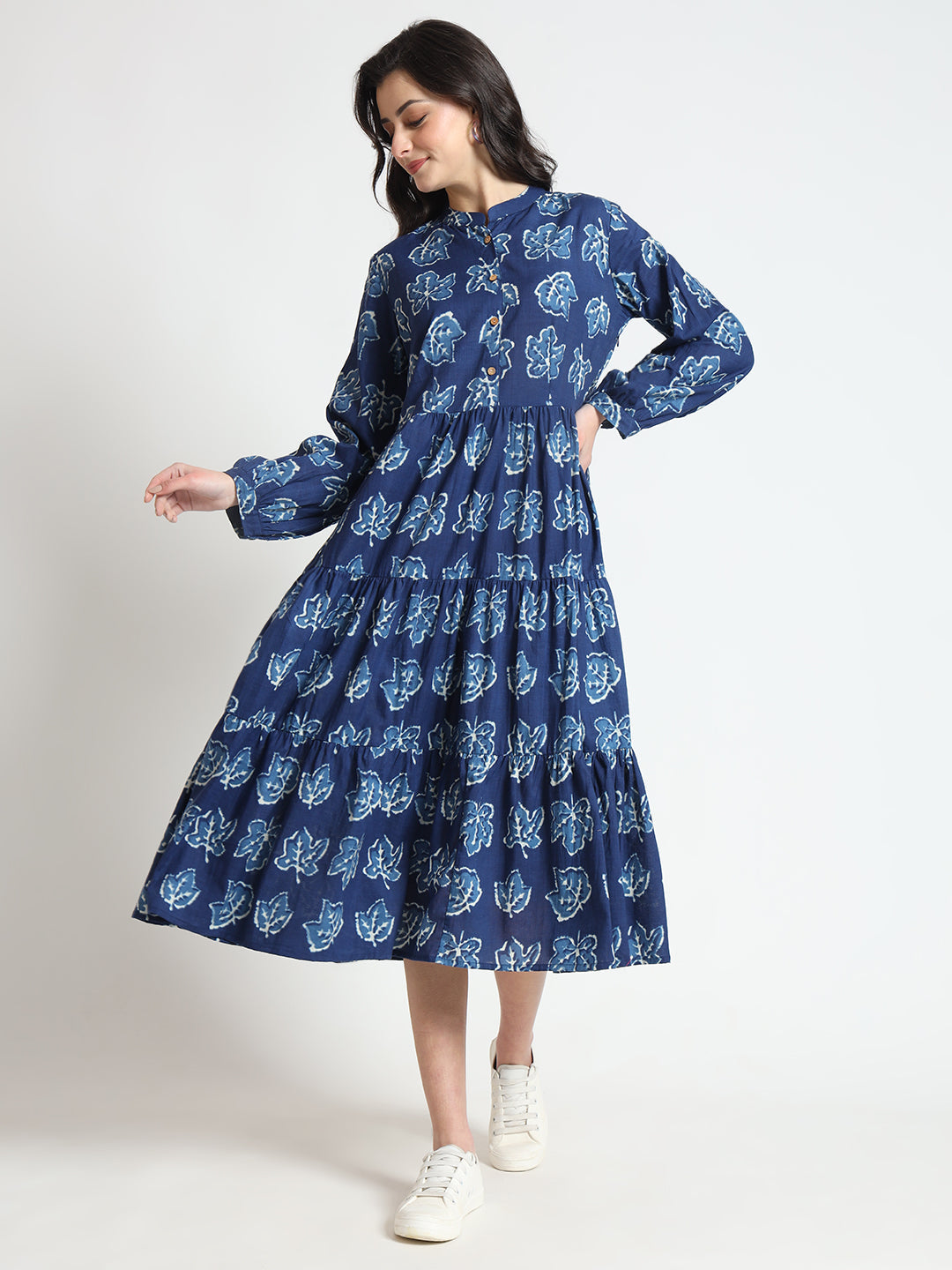 Noe Velarro Blue Floral Print Cotton Fabric Flared Dress