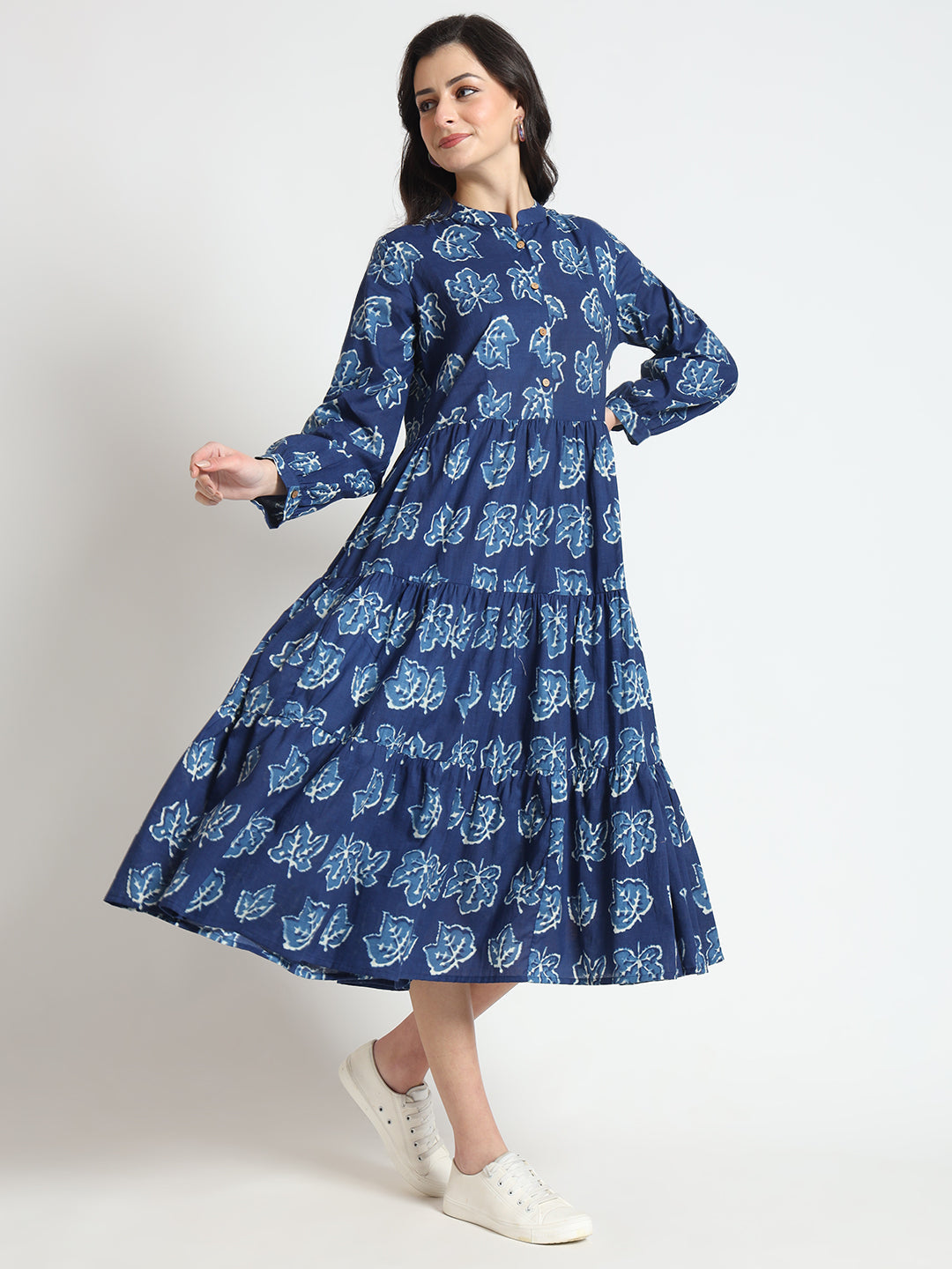 Noe Velarro Blue Floral Print Cotton Fabric Flared Dress
