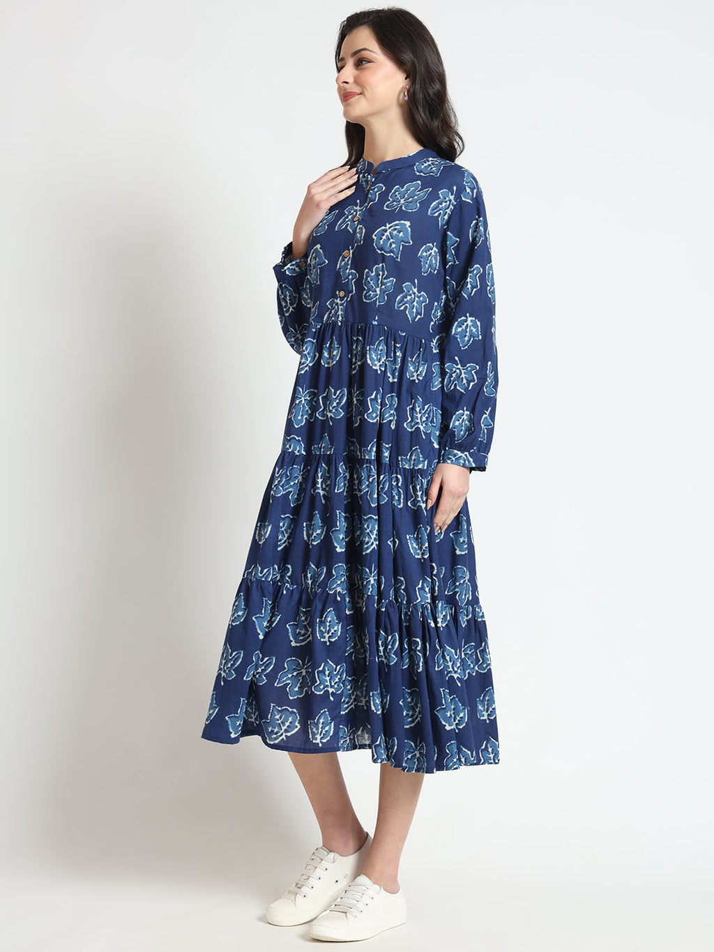 Noe Velarro Blue Floral Print Cotton Fabric Flared Dress