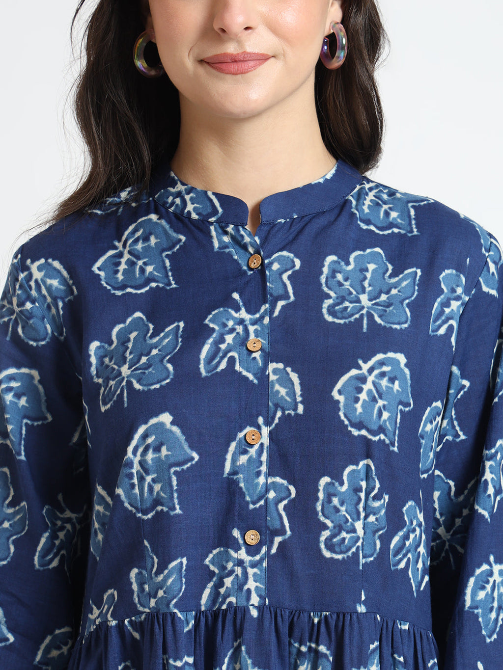 Noe Velarro Blue Floral Print Cotton Fabric Flared Dress