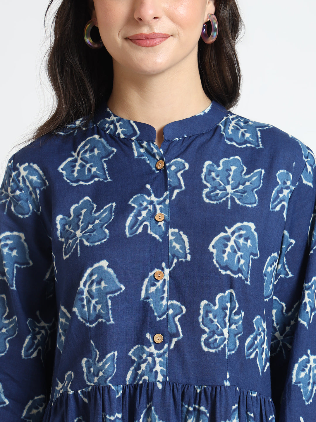 Noe Velarro Blue Floral Print Cotton Fabric Flared Dress