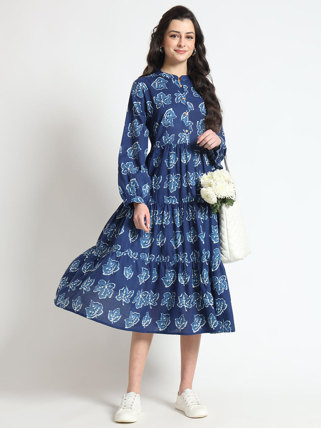 Noe Velarro Blue Floral Print Cotton Fabric Flared Dress