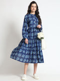 Noe Velarro Blue Floral Print Cotton Fabric Flared Dress