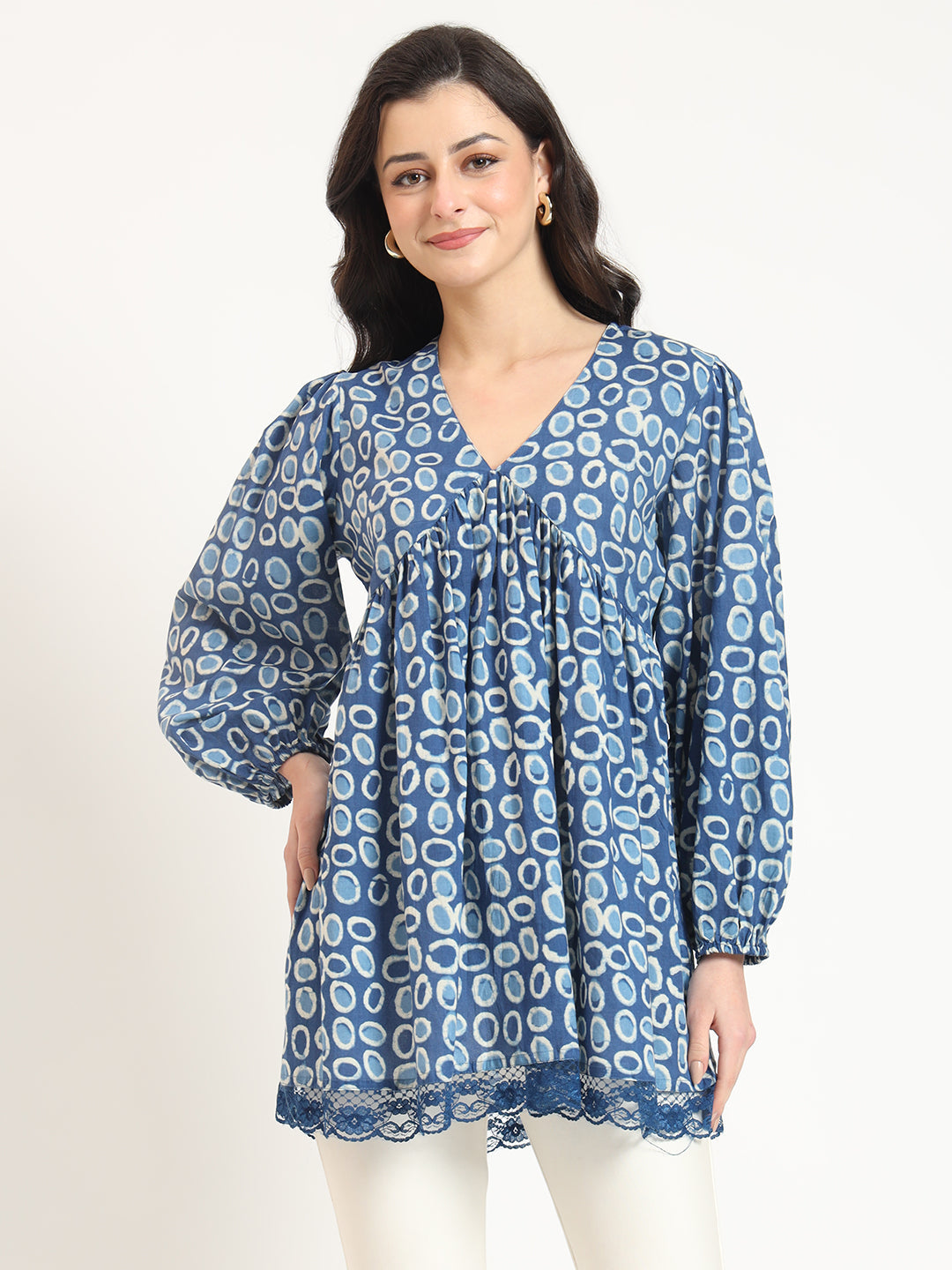 Noe Velarro Blue Cotton V-Neck Top
