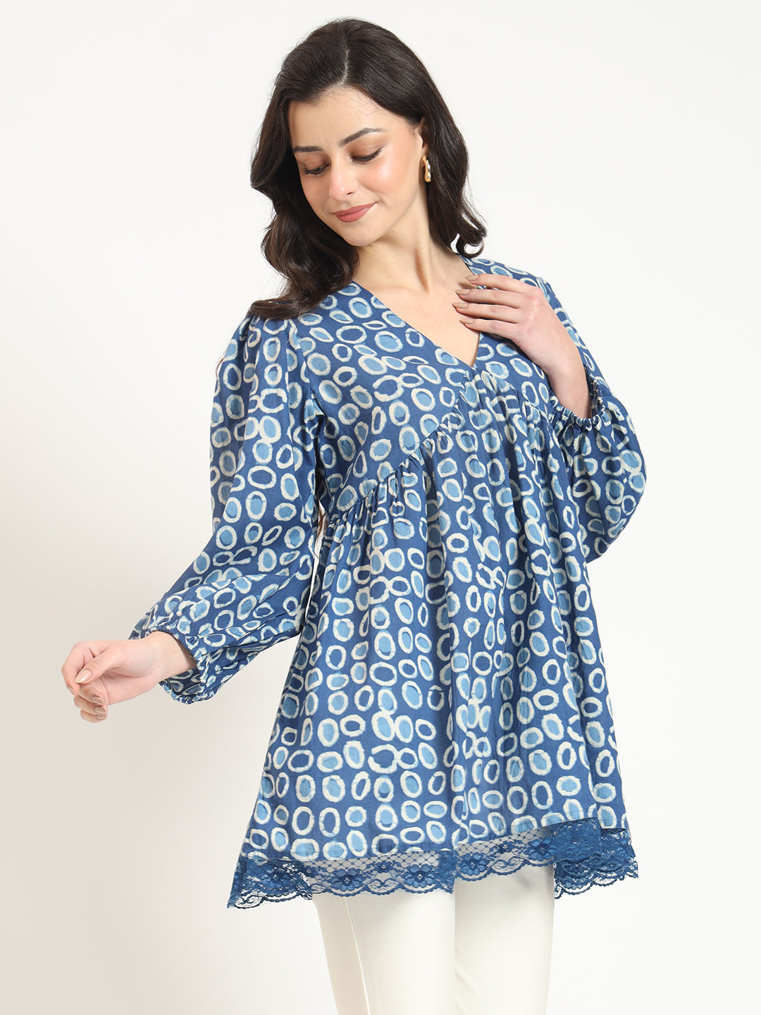 Noe Velarro Blue Cotton V-Neck Top
