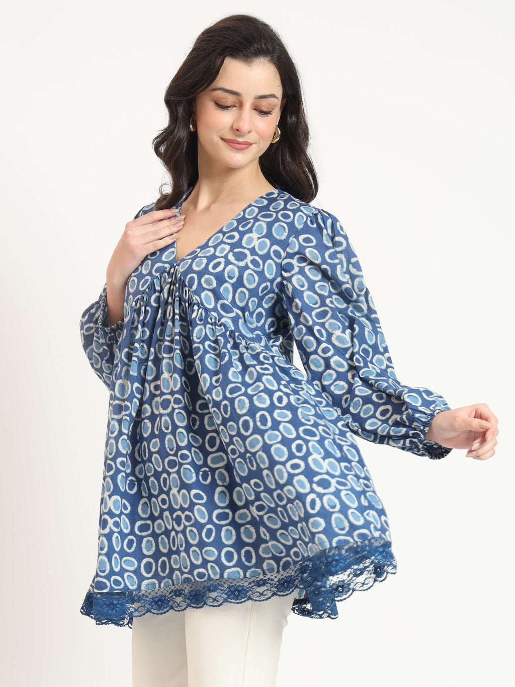 Noe Velarro Blue Cotton V-Neck Top