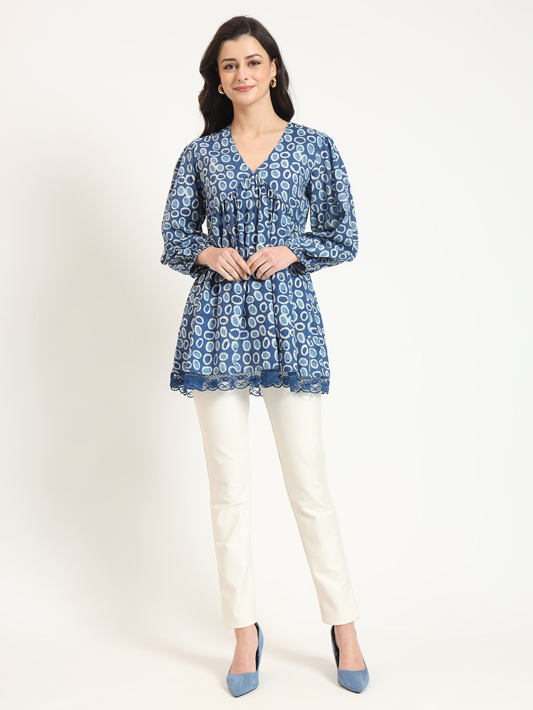 Noe Velarro Blue Cotton V-Neck Top