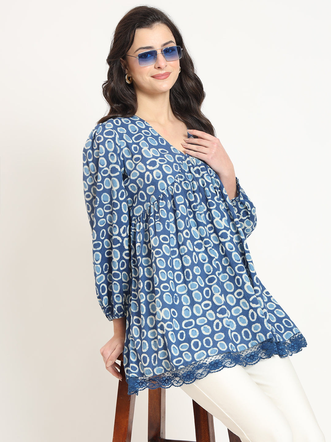 Noe Velarro Blue Cotton V-Neck Top