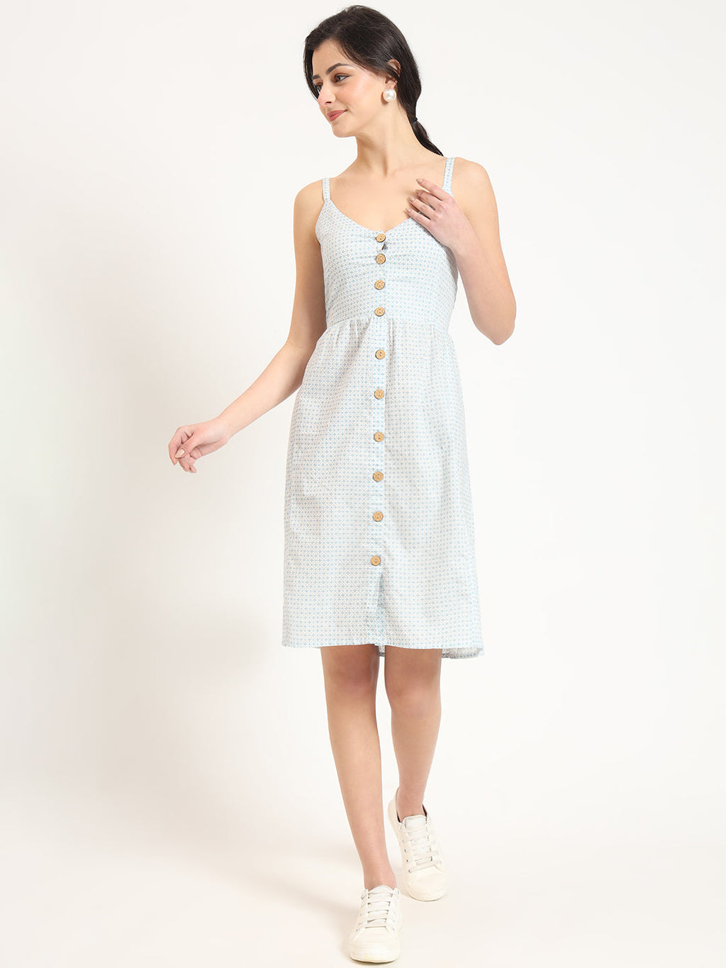 Noe Velarro Blue Ethnic Motif Shoulder Strip Dress