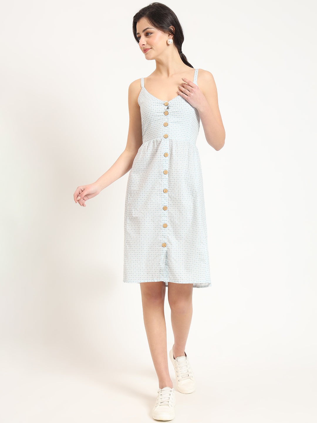 Noe Velarro Blue Ethnic Motif Shoulder Strip Dress