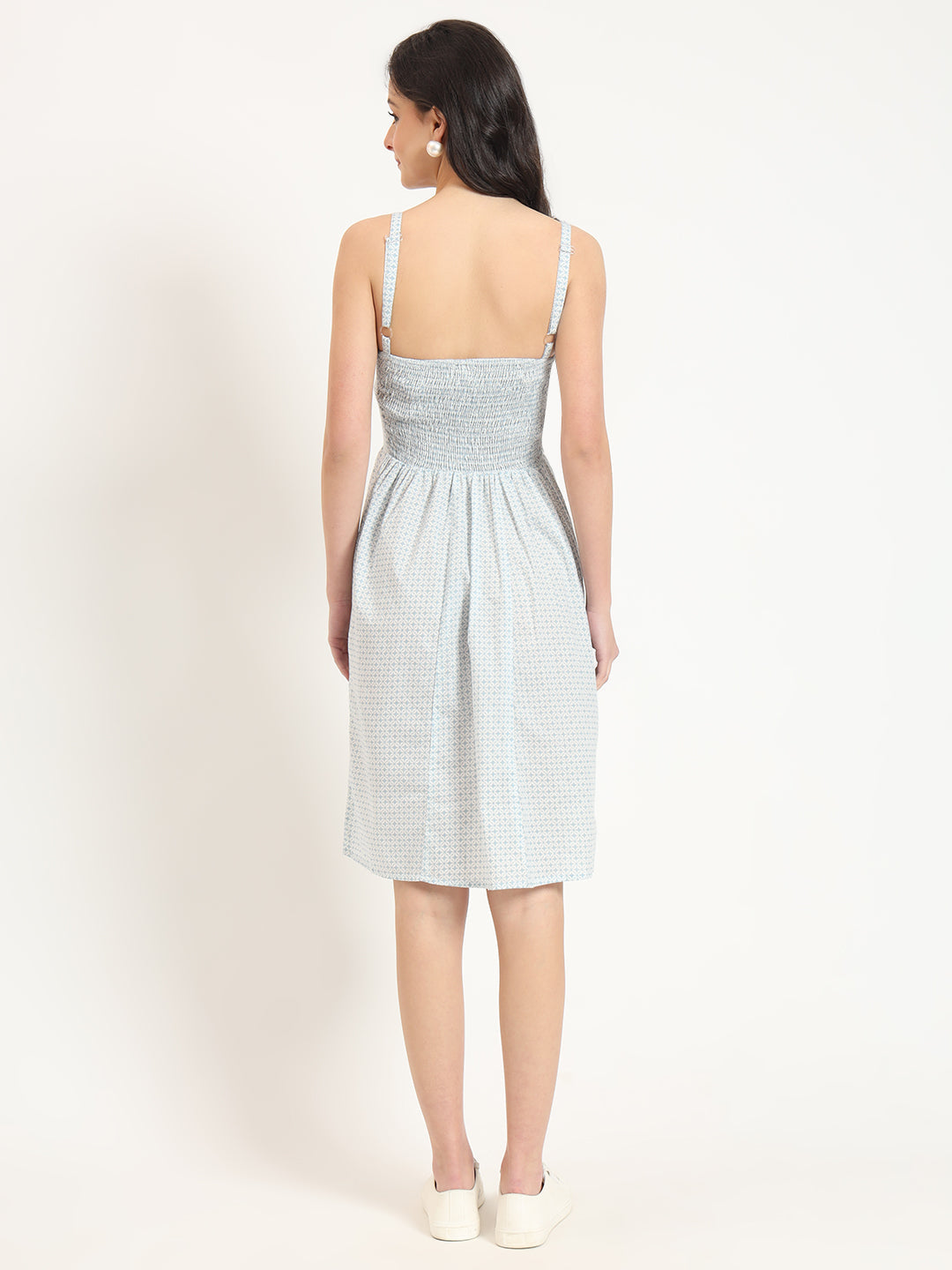 Noe Velarro Blue Ethnic Motif Shoulder Strip Dress