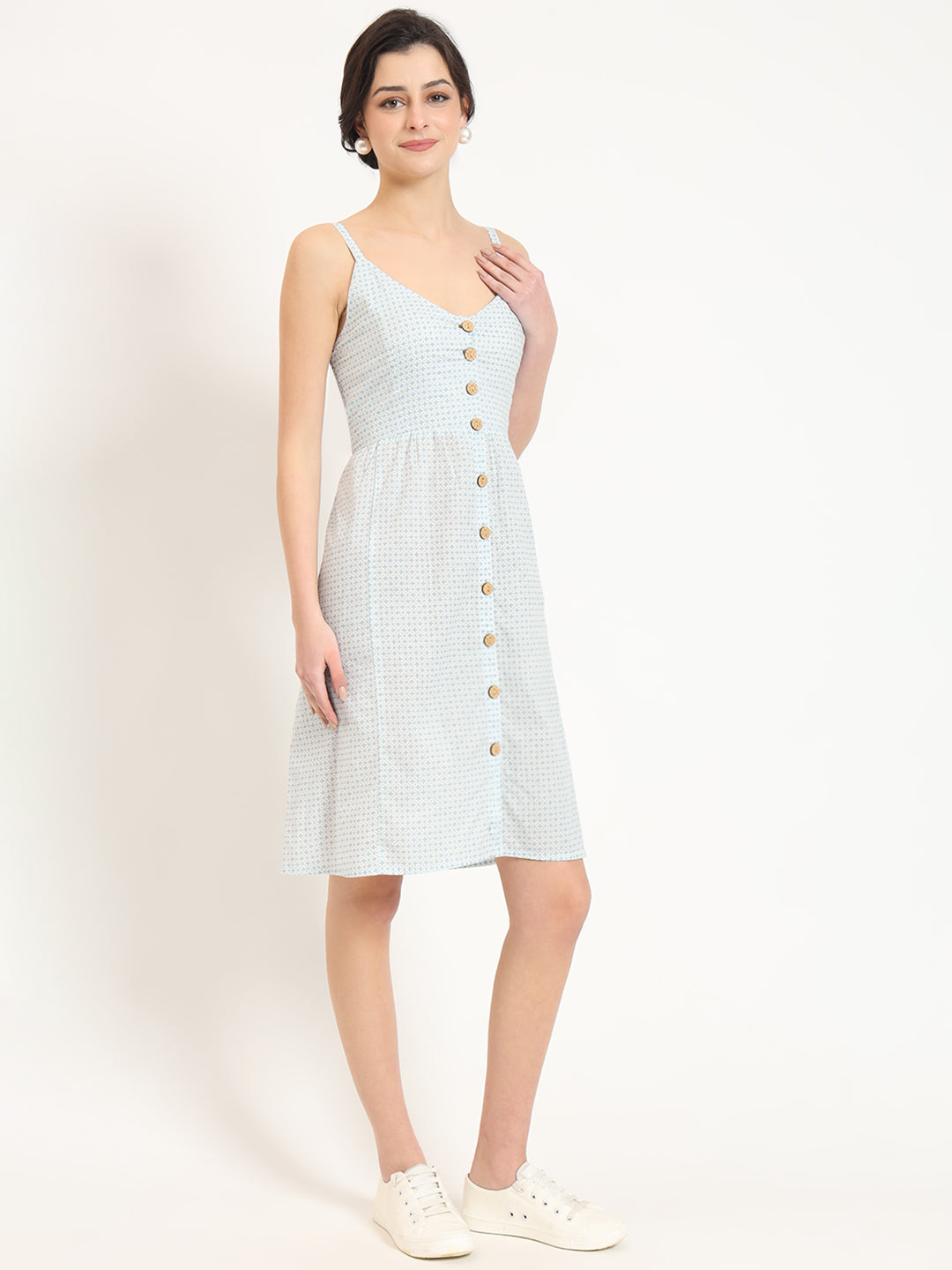 Noe Velarro Blue Ethnic Motif Shoulder Strip Dress