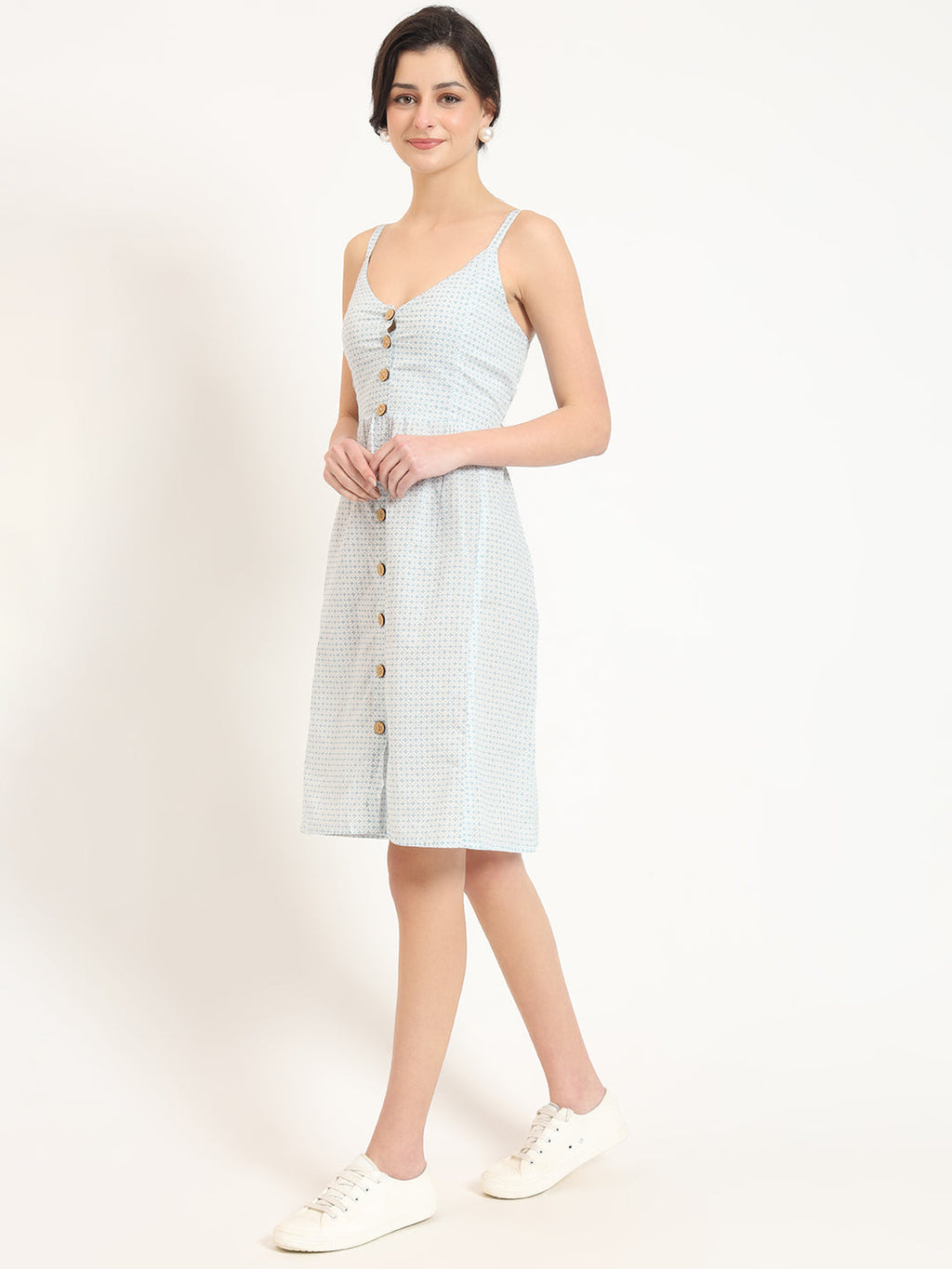 Noe Velarro Blue Ethnic Motif Shoulder Strip Dress