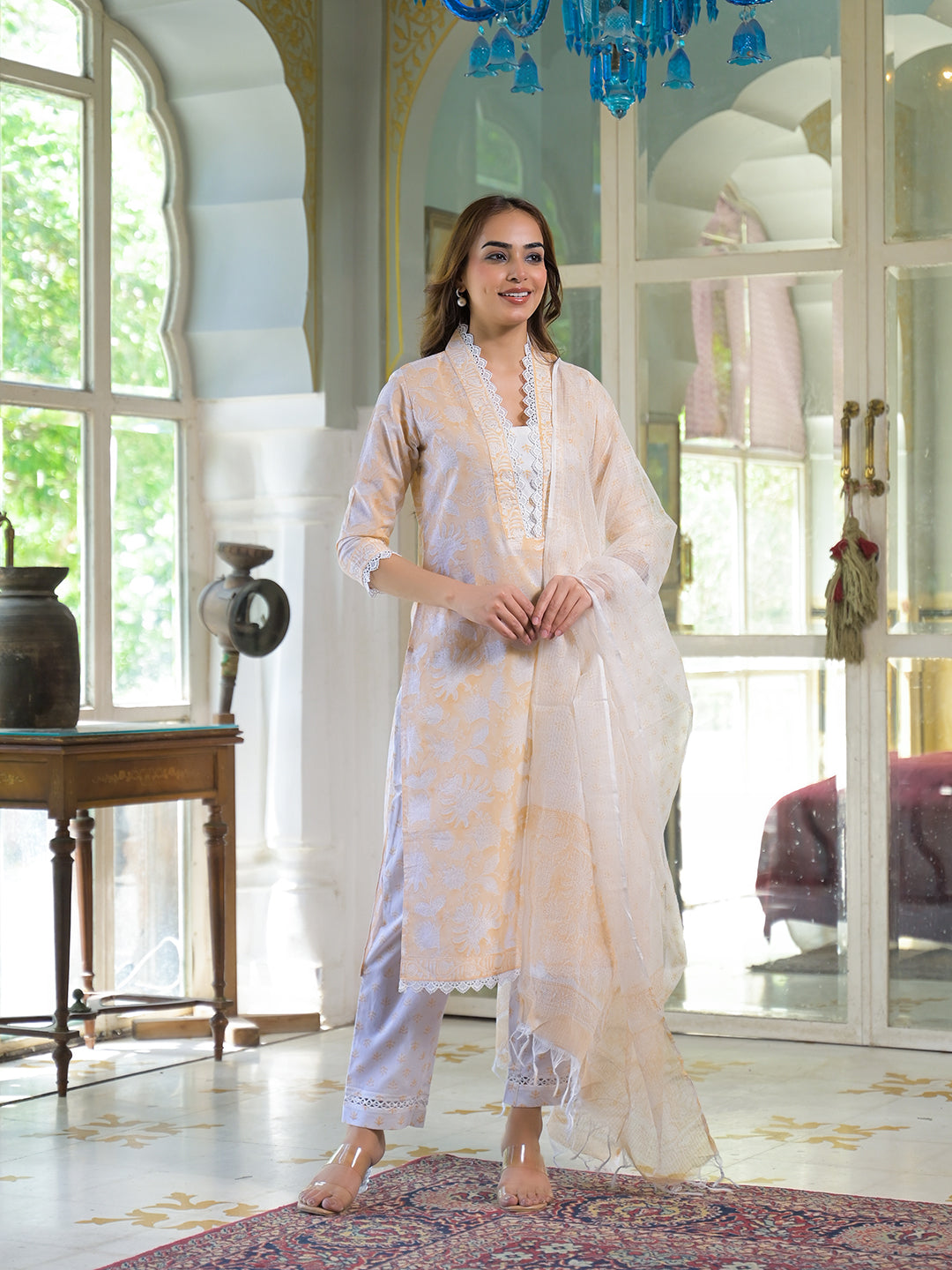 Noe Velarro Peach Block Print Cotton Straight Kurta Pant with Dupatta