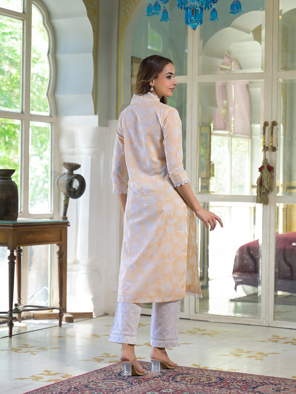 Noe Velarro Peach Block Print Cotton Straight Kurta Pant with Dupatta