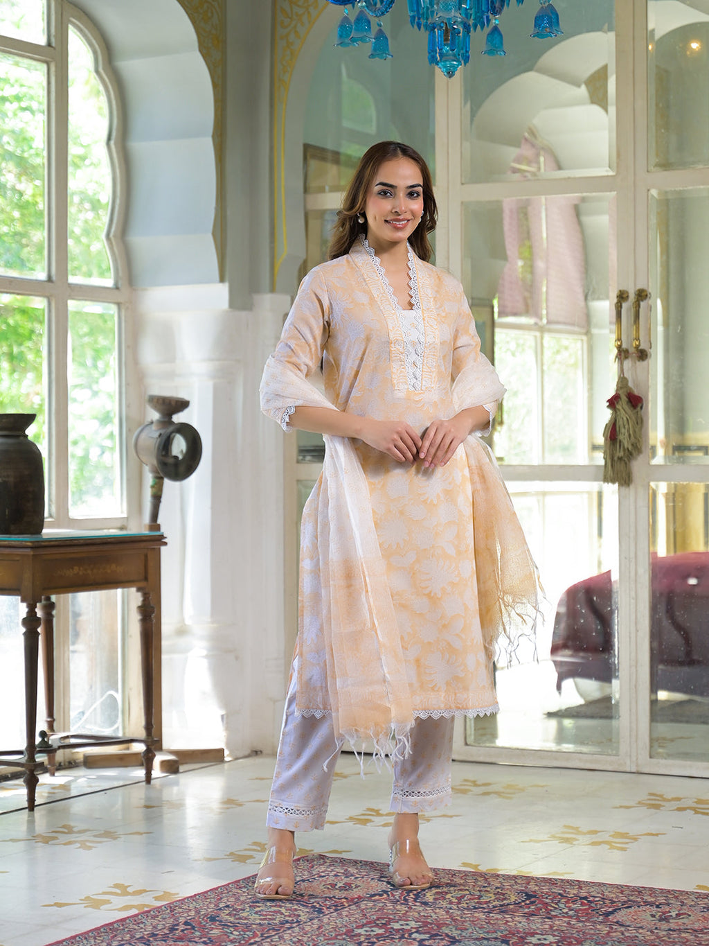 Noe Velarro Peach Block Print Cotton Straight Kurta Pant with Dupatta