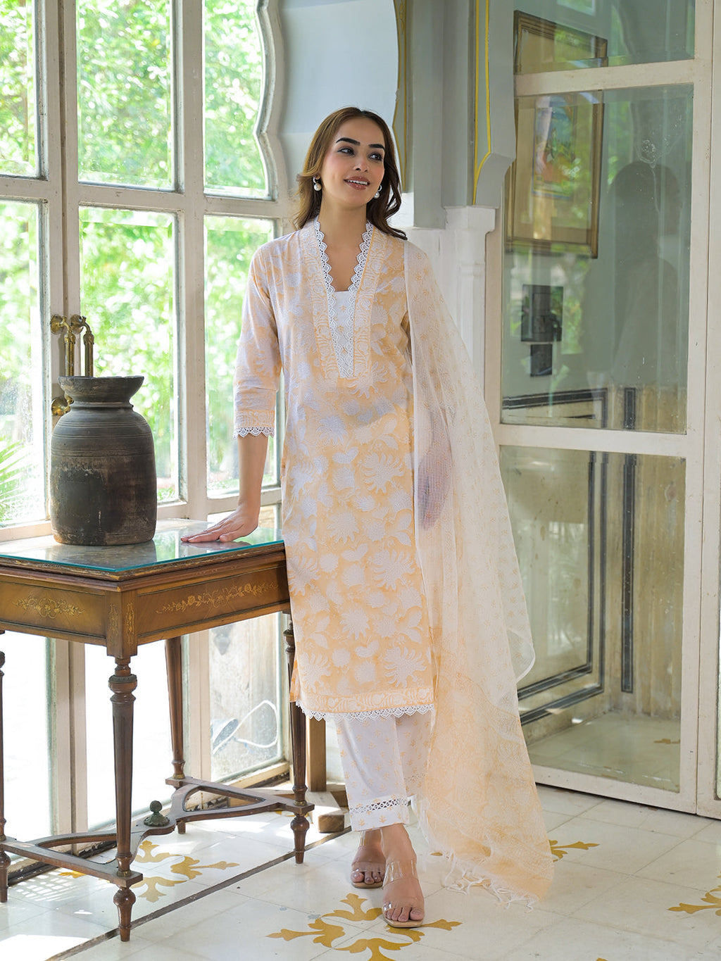 Noe Velarro Peach Block Print Cotton Straight Kurta Pant with Dupatta