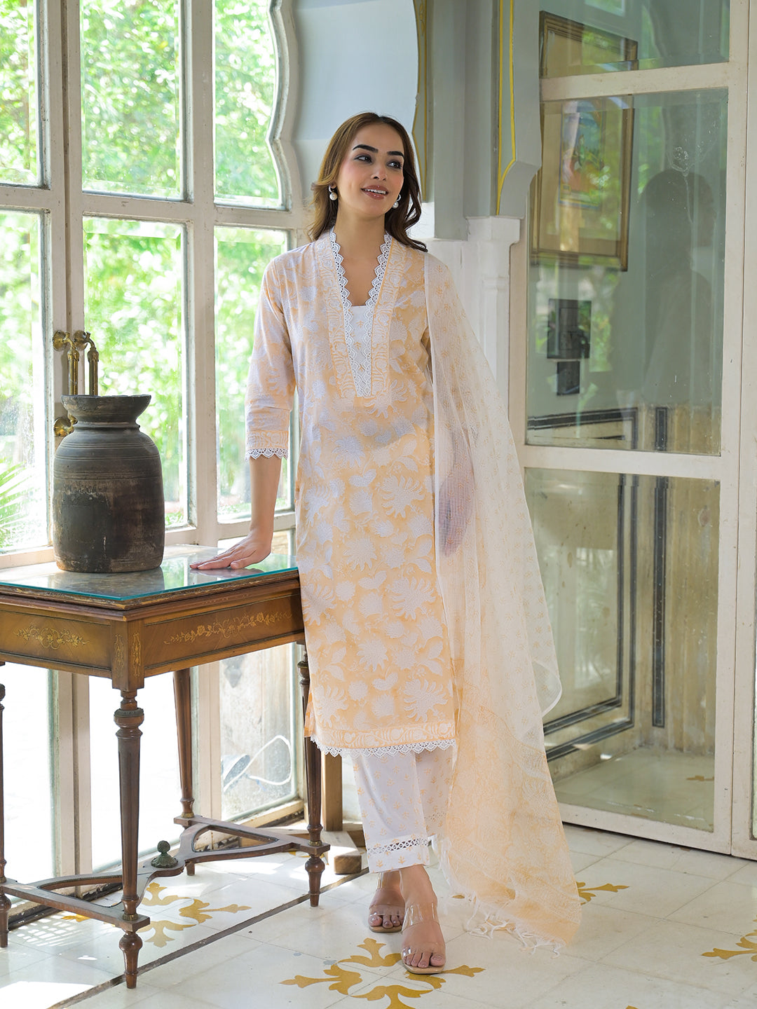 Noe Velarro Peach Block Print Cotton Straight Kurta Pant with Dupatta