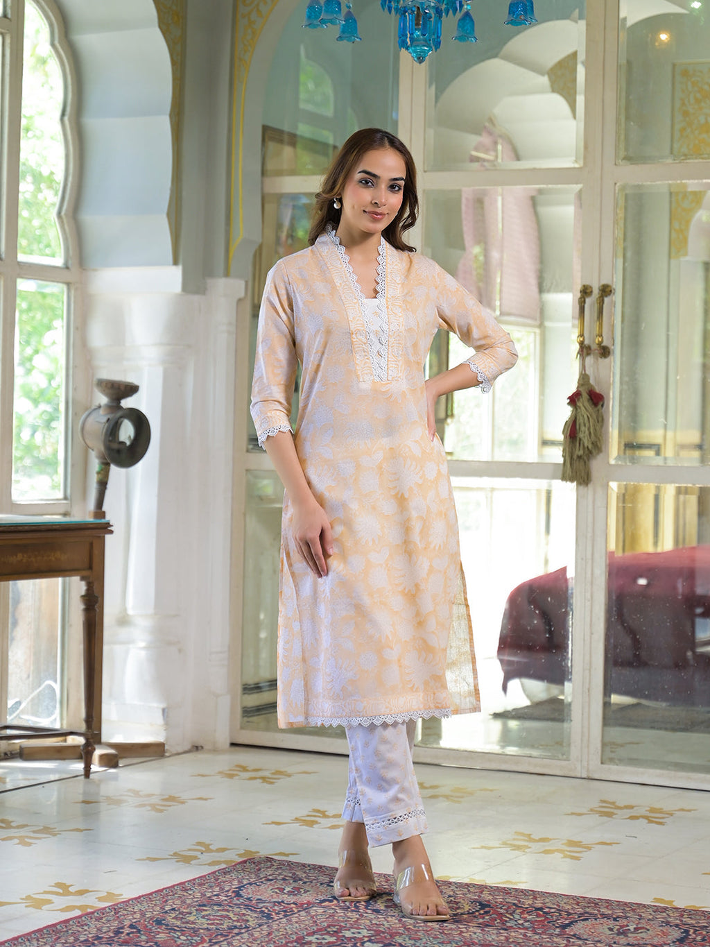 Noe Velarro Peach Block Print Cotton Straight Kurta Pant with Dupatta