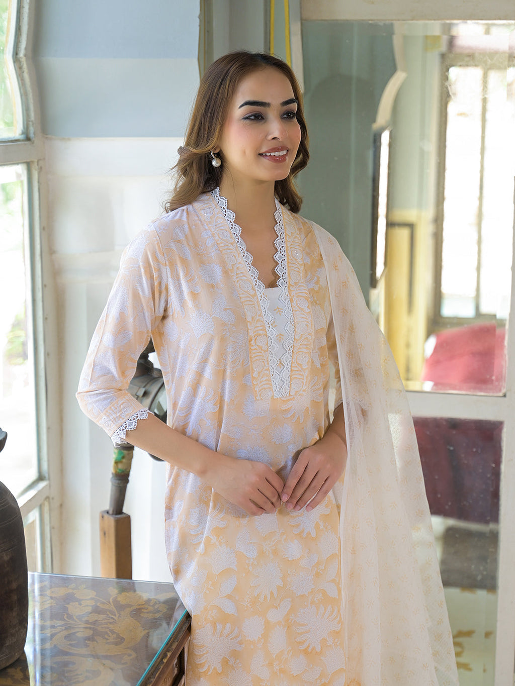 Noe Velarro Peach Block Print Cotton Straight Kurta Pant with Dupatta