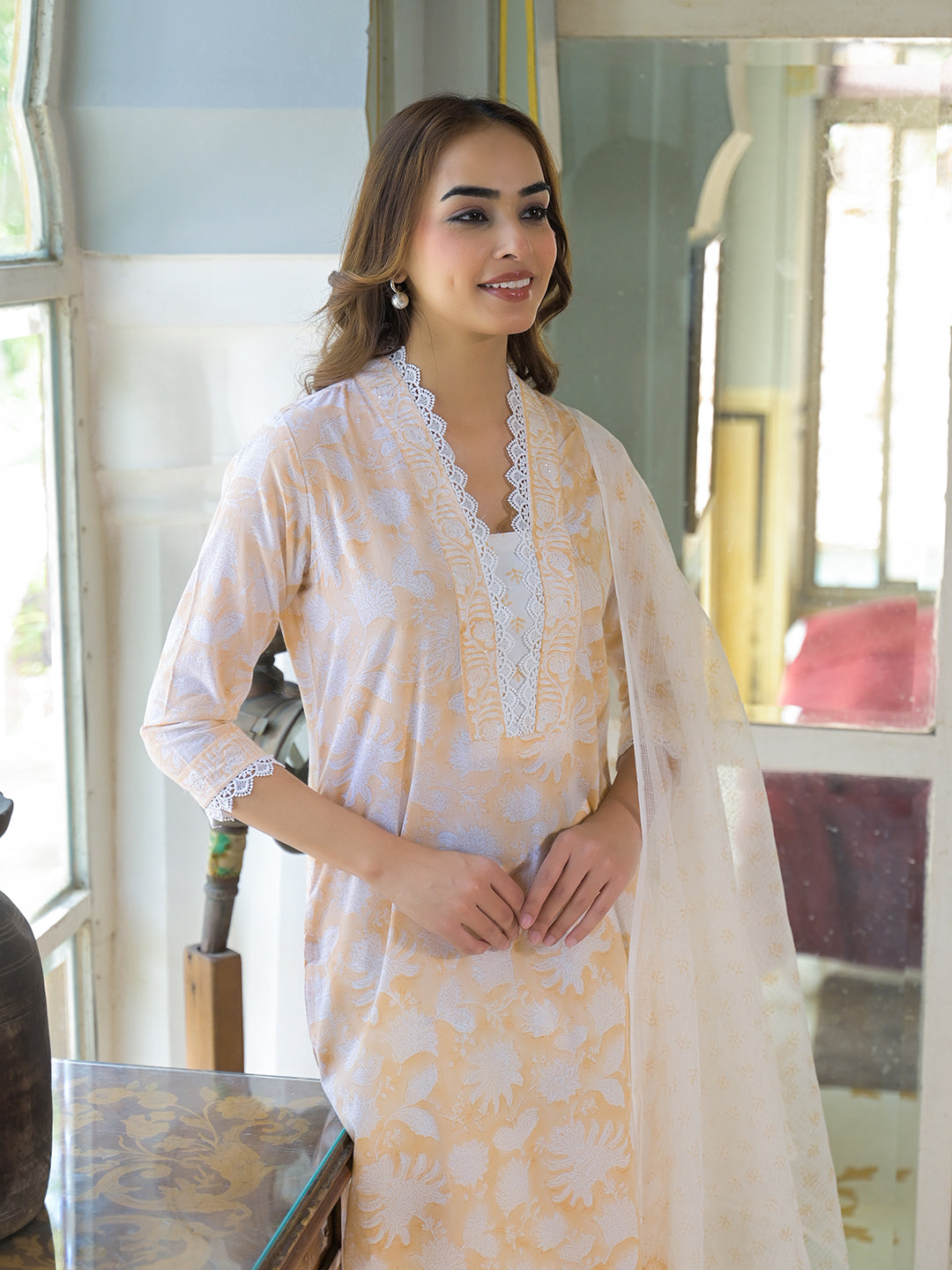 Noe Velarro Peach Block Print Cotton Straight Kurta Pant with Dupatta