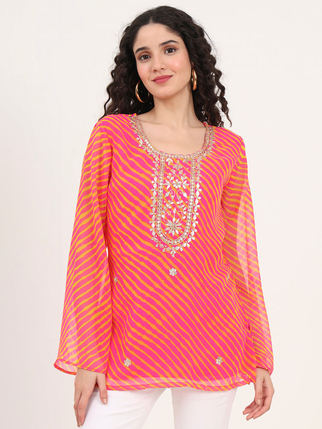 Noe Velarro Pink Leheriya Gotta Patti Work Geogratte Round Neck Top