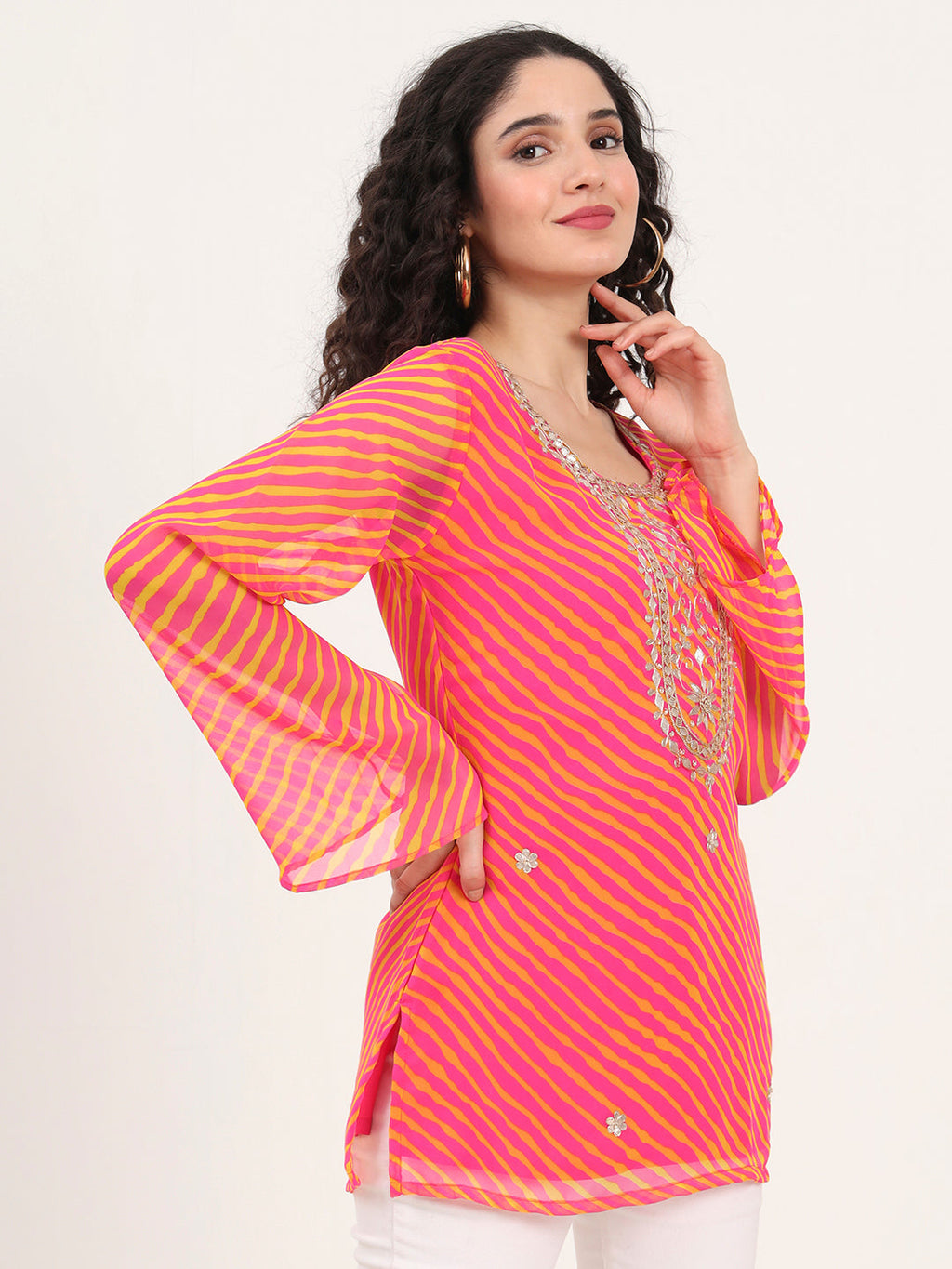 Noe Velarro Pink Leheriya Gotta Patti Work Geogratte Round Neck Top