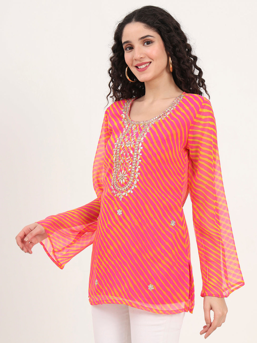 Noe Velarro Pink Leheriya Gotta Patti Work Geogratte Round Neck Top