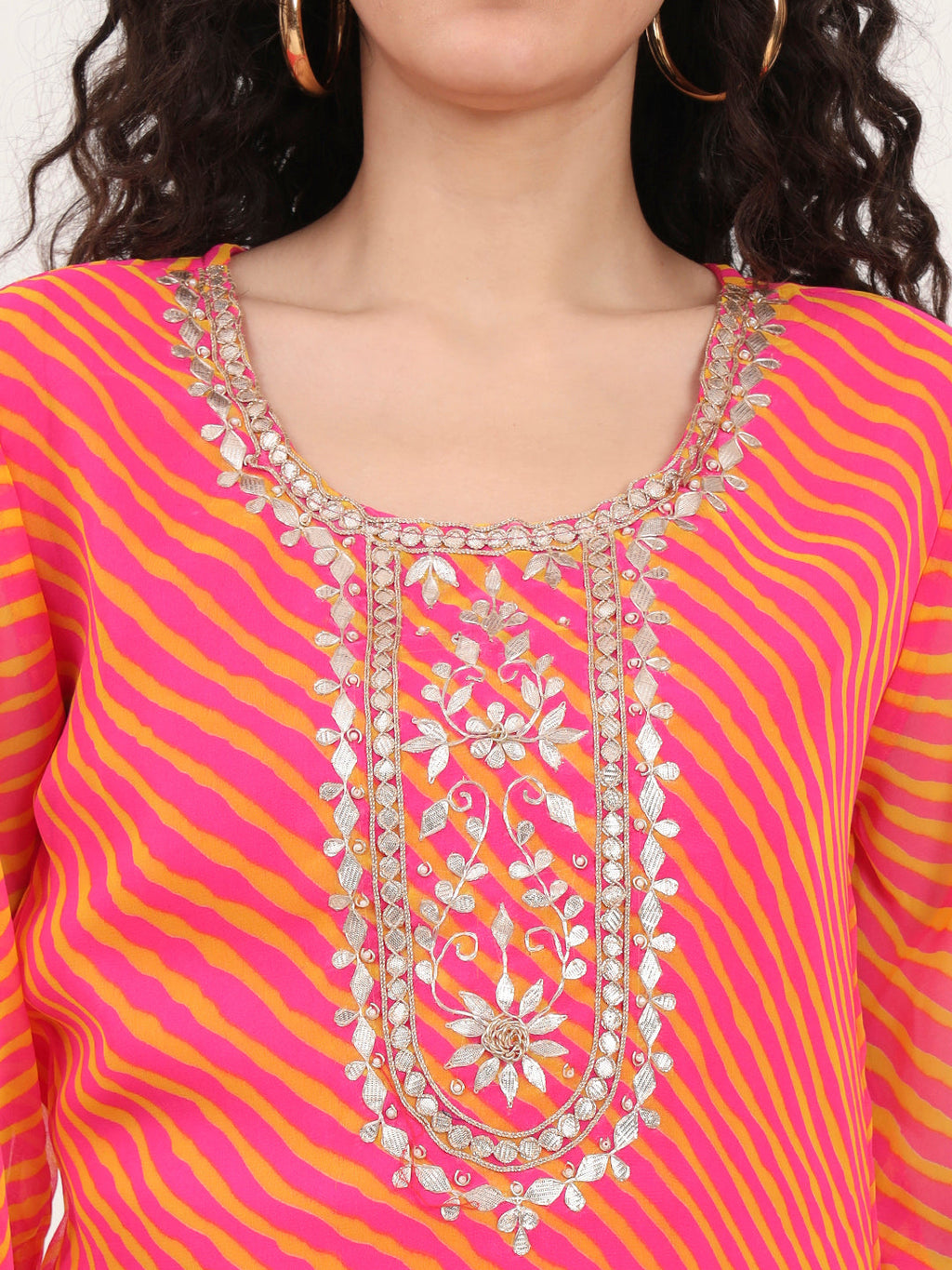 Noe Velarro Pink Leheriya Gotta Patti Work Geogratte Round Neck Top