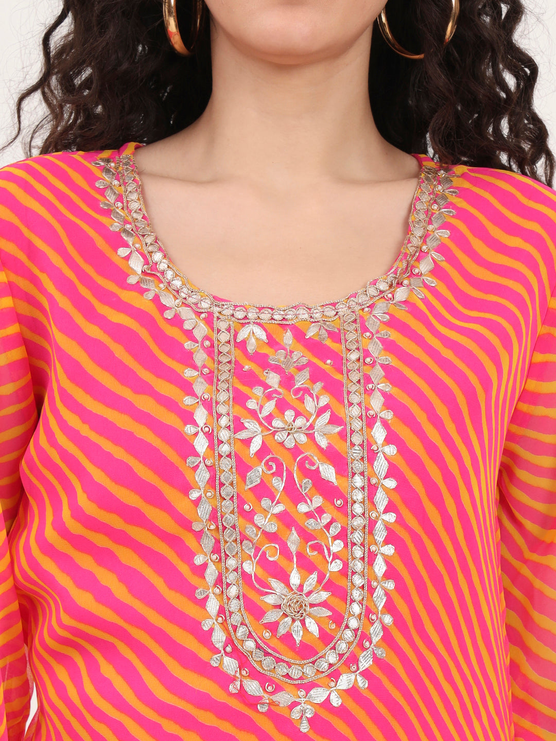 Noe Velarro Pink Leheriya Gotta Patti Work Geogratte Round Neck Top