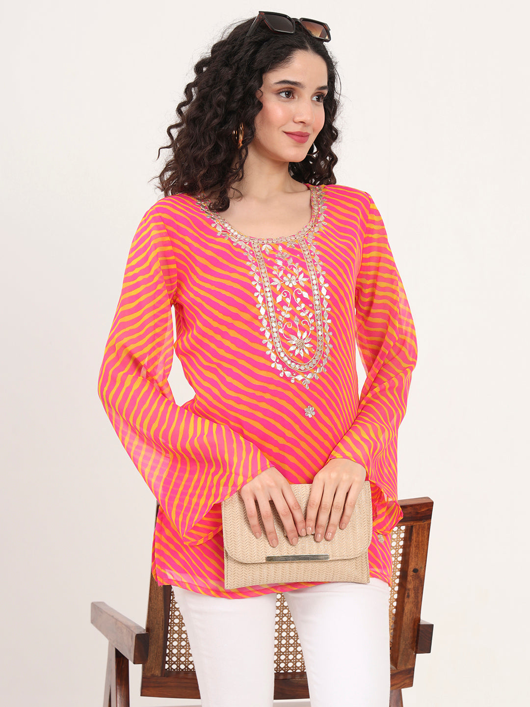 Noe Velarro Pink Leheriya Gotta Patti Work Geogratte Round Neck Top