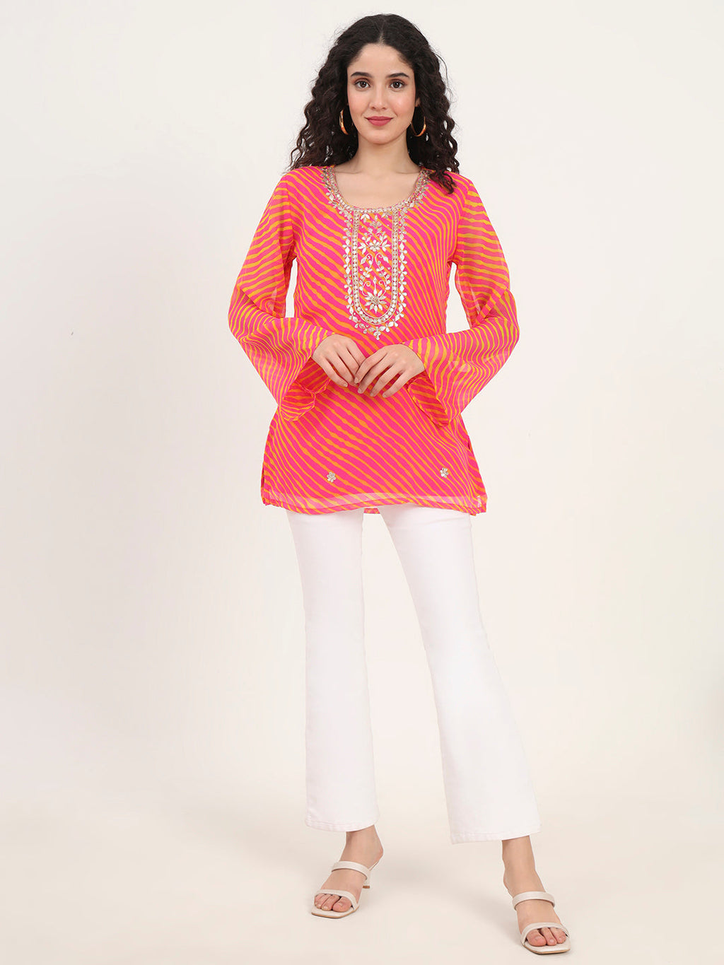 Noe Velarro Pink Leheriya Gotta Patti Work Geogratte Round Neck Top