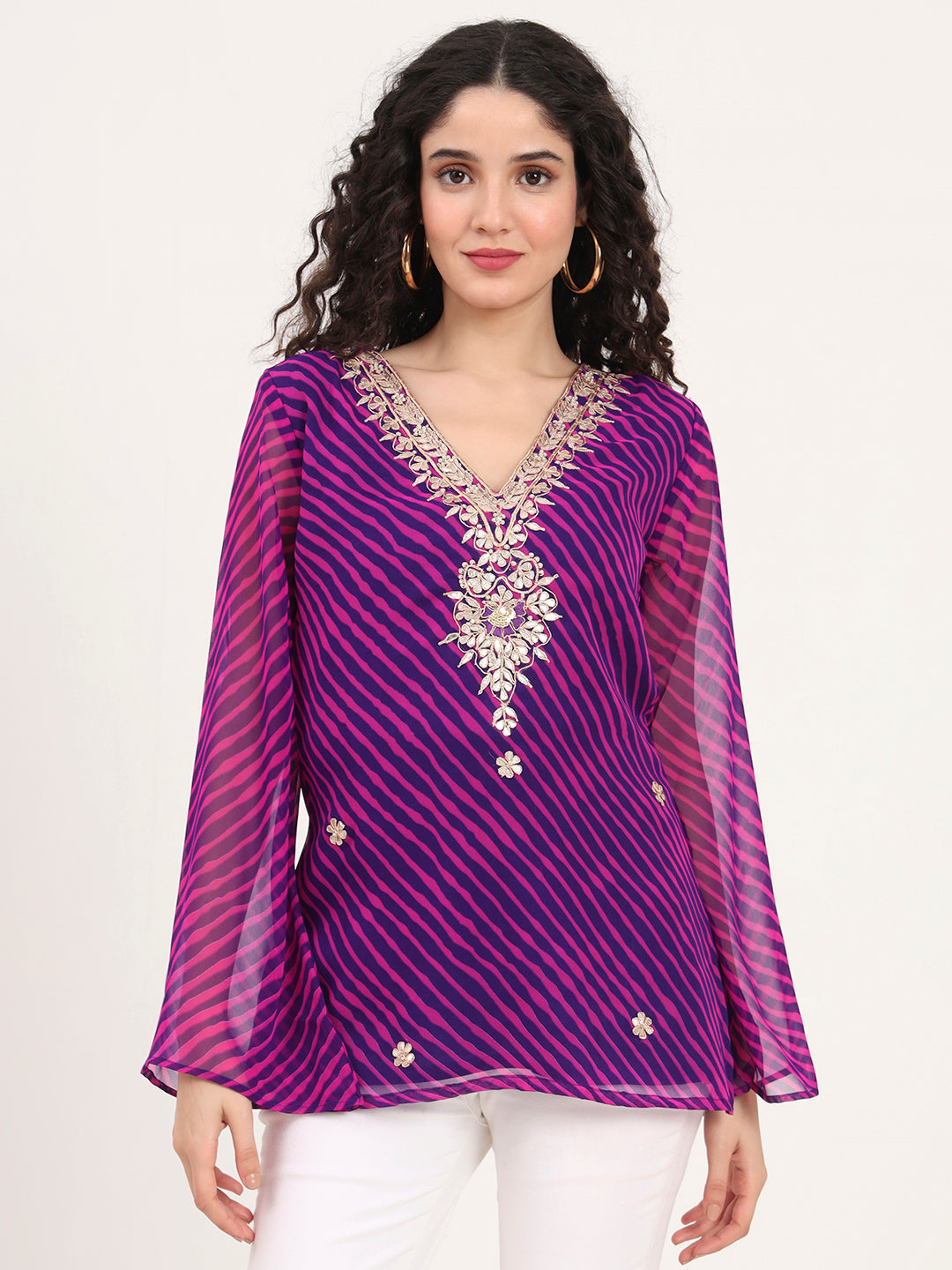 Noe Velarro Purple Leheriya Gotta Patti Work Geogratte V Neck Top