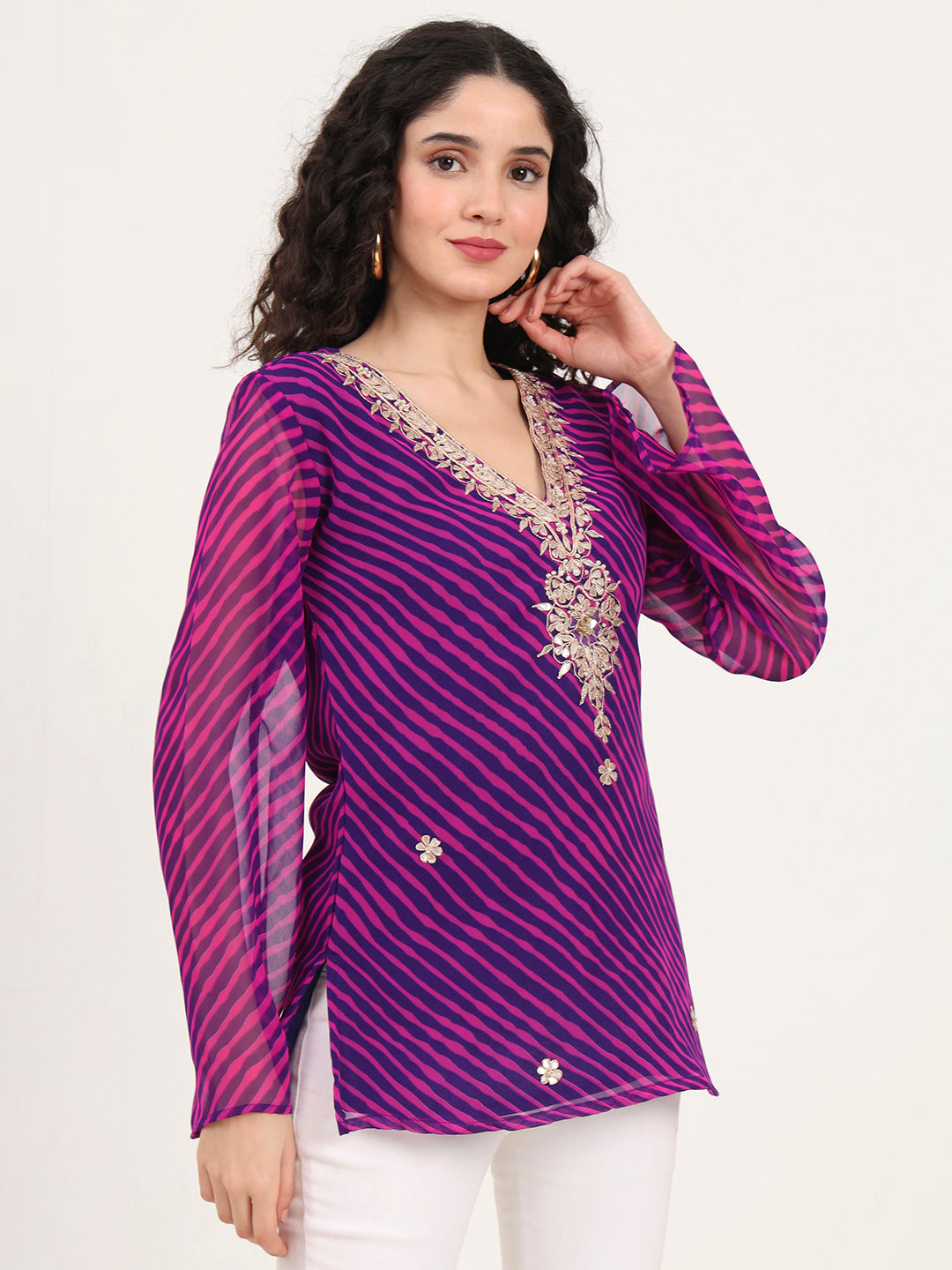 Noe Velarro Purple Leheriya Gotta Patti Work Geogratte V Neck Top