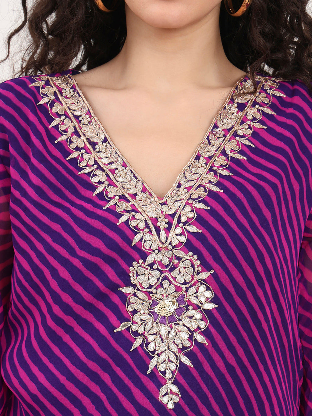 Noe Velarro Purple Leheriya Gotta Patti Work Geogratte V Neck Top