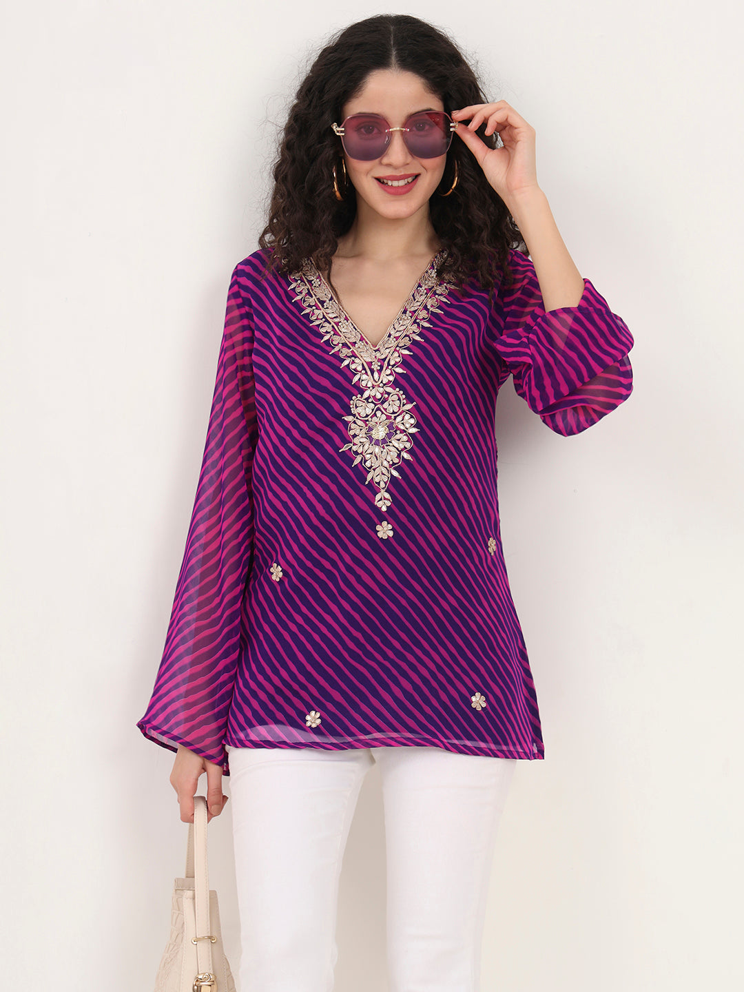 Noe Velarro Purple Leheriya Gotta Patti Work Geogratte V Neck Top