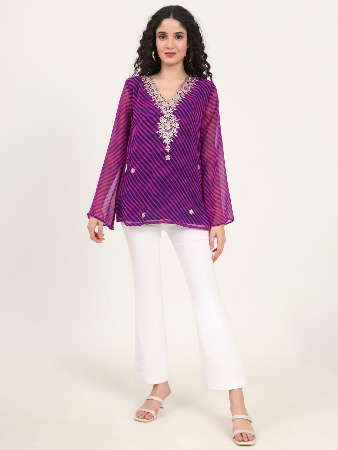 Noe Velarro Purple Leheriya Gotta Patti Work Geogratte V Neck Top