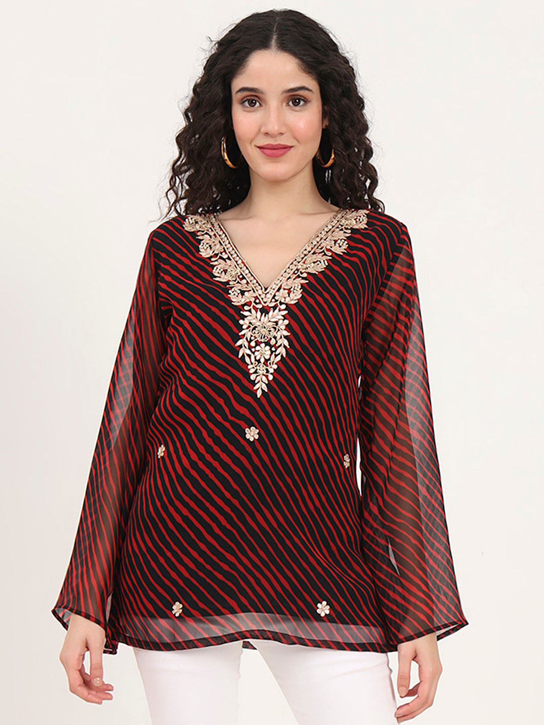 Noe Velarro Black Leheriya Gotta Patti Work Geogratte V Neck Top