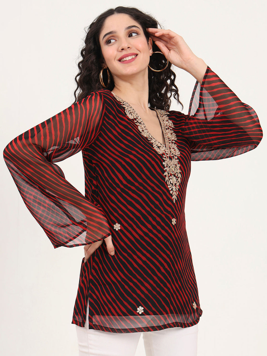 Noe Velarro Black Leheriya Gotta Patti Work Geogratte V Neck Top