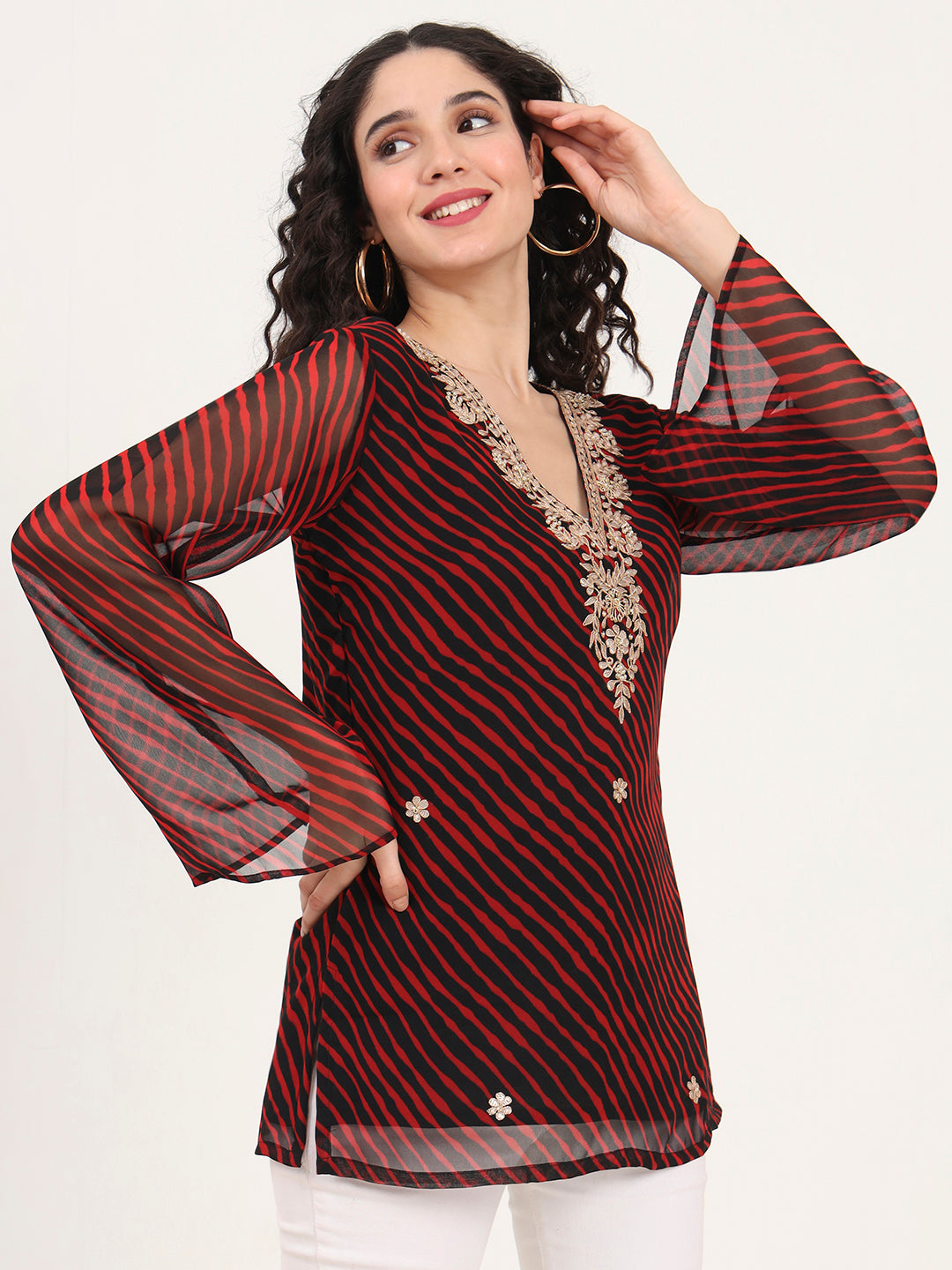 Noe Velarro Black Leheriya Gotta Patti Work Geogratte V Neck Top