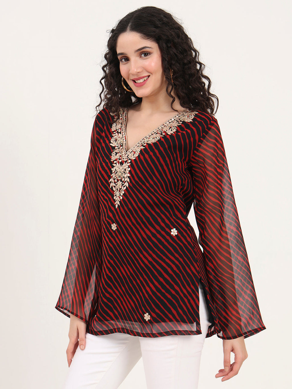 Noe Velarro Black Leheriya Gotta Patti Work Geogratte V Neck Top