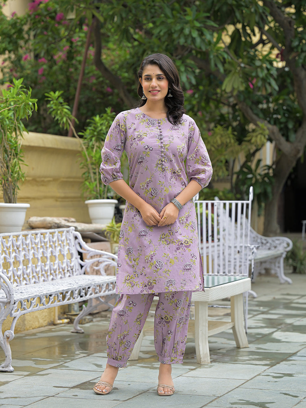 Noe Velarro Purple Cotton Printed Kurta haram Pant Sets