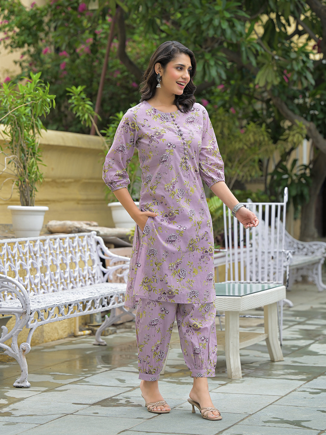 Noe Velarro Purple Cotton Printed Kurta haram Pant Sets