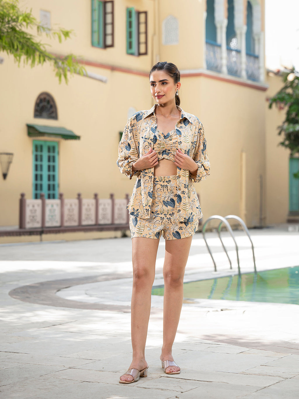 Noe Velarro Yellow Floral Print Rayon Fabric  Shirts Shorts With Crop Top three Piece set