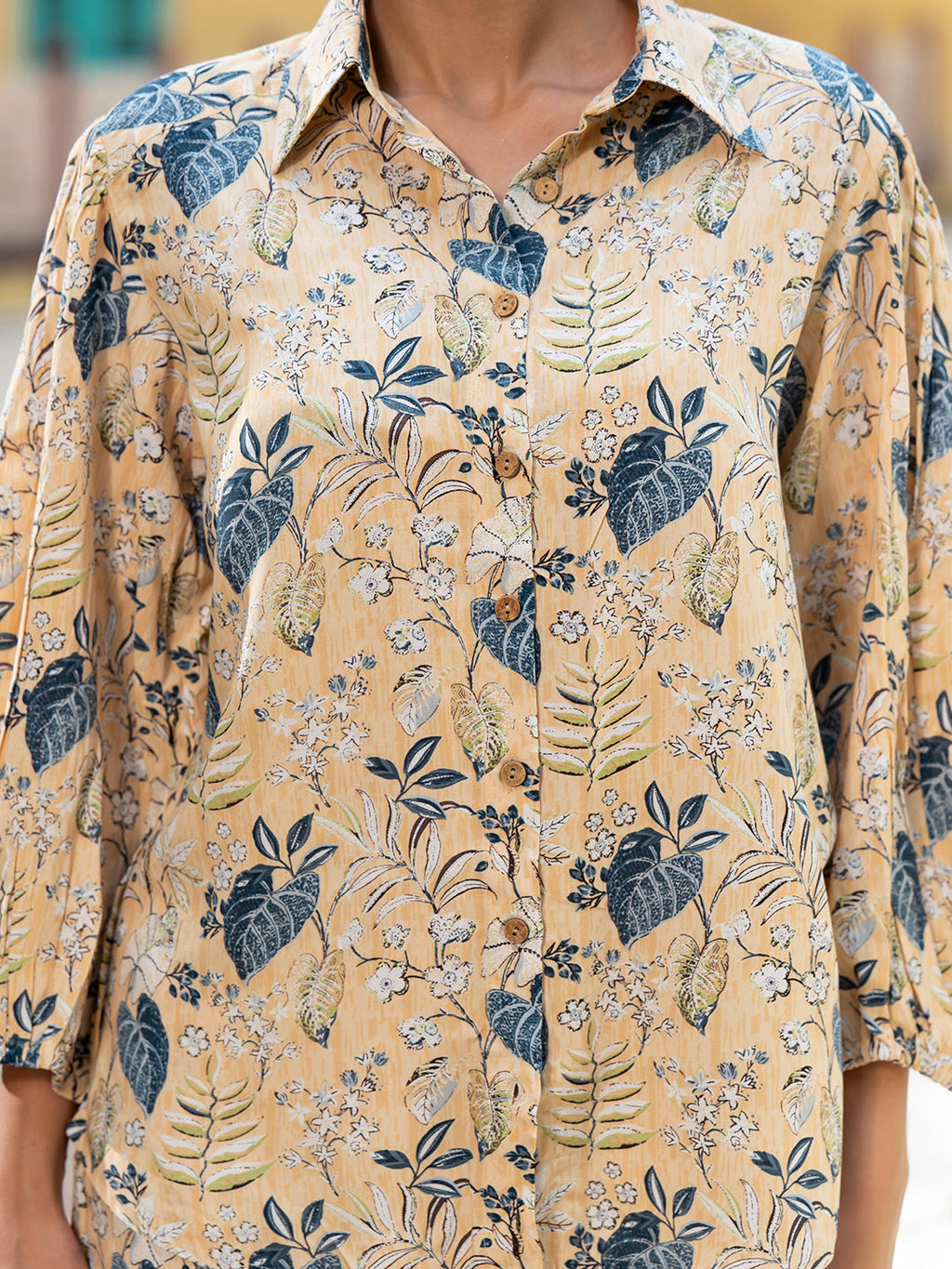 Noe Velarro Yellow Floral Print Rayon Fabric  Shirts Shorts With Crop Top three Piece set
