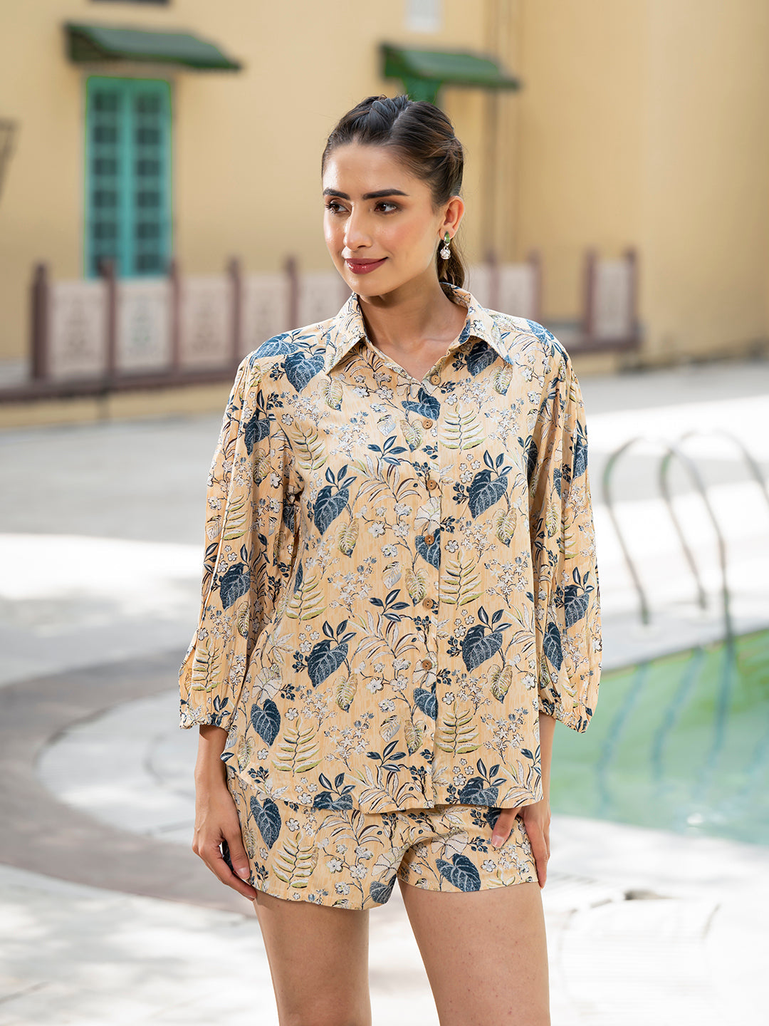 Noe Velarro Yellow Floral Print Rayon Fabric  Shirts Shorts With Crop Top three Piece set