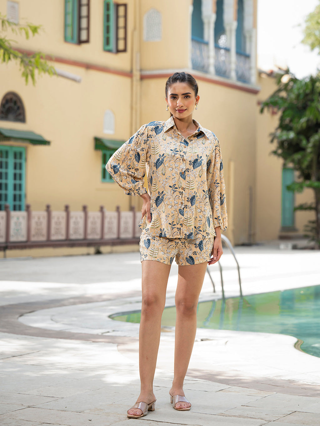 Noe Velarro Yellow Floral Print Rayon Fabric  Shirts Shorts With Crop Top three Piece set