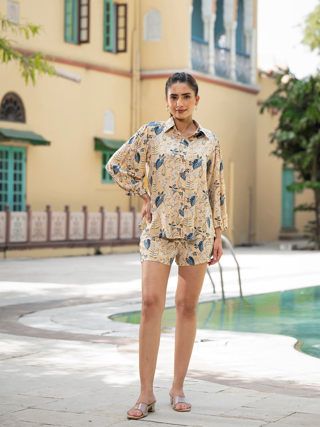 Noe Velarro Yellow Floral Print Rayon Fabric  Shirts Shorts With Crop Top three Piece set