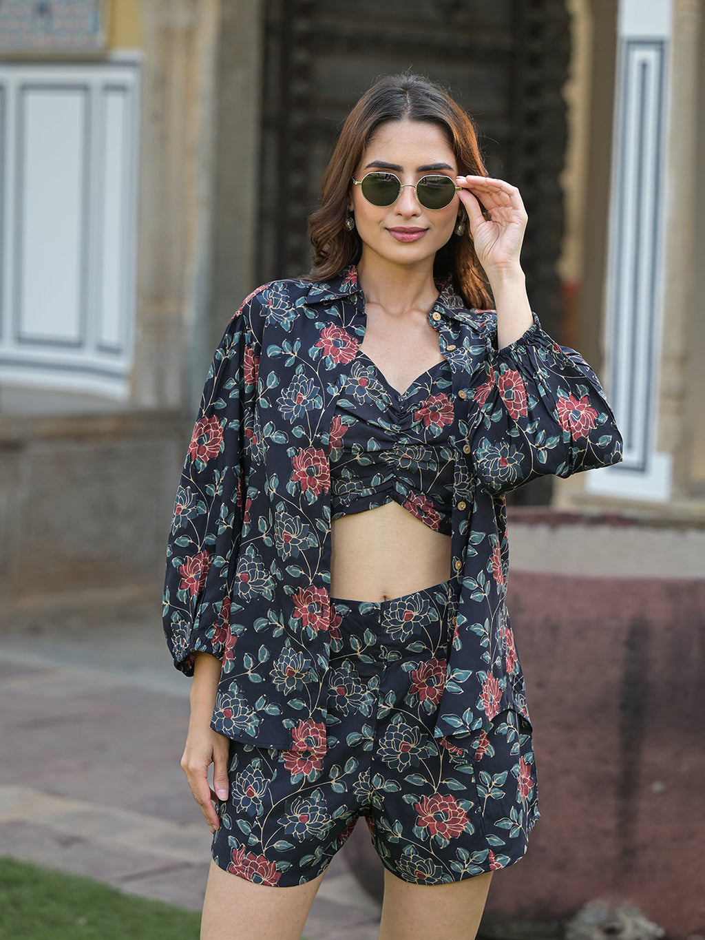 Noe Velarro Dark Blue Floral Print Rayon Fabric  Shirts Shorts With Crop Top three Piece set