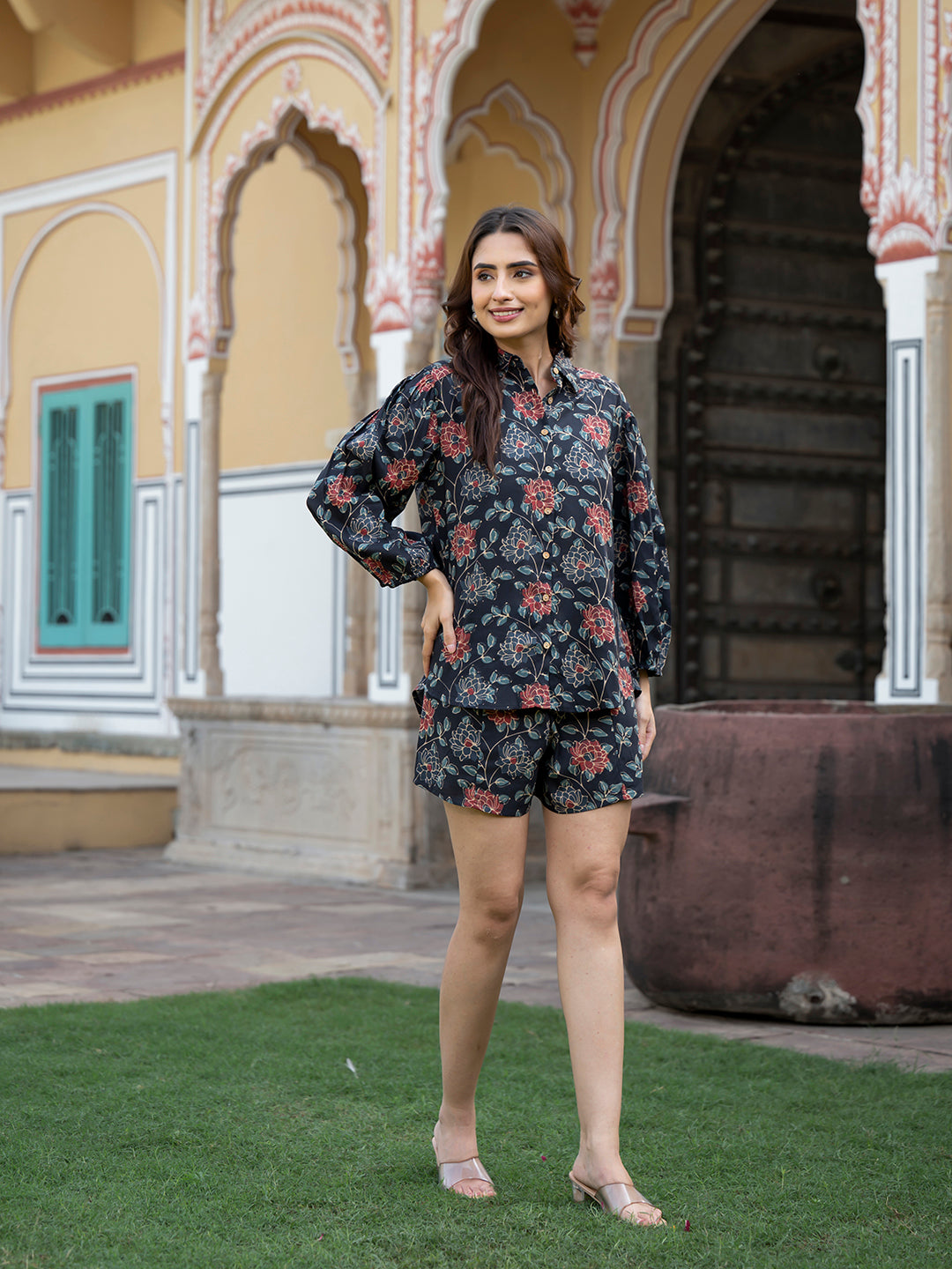 Noe Velarro Dark Blue Floral Print Rayon Fabric  Shirts Shorts With Crop Top three Piece set